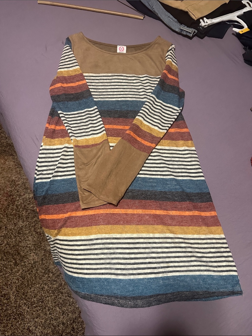 Striped Long-Sleeve Knit Dress in Brown and Multicolor